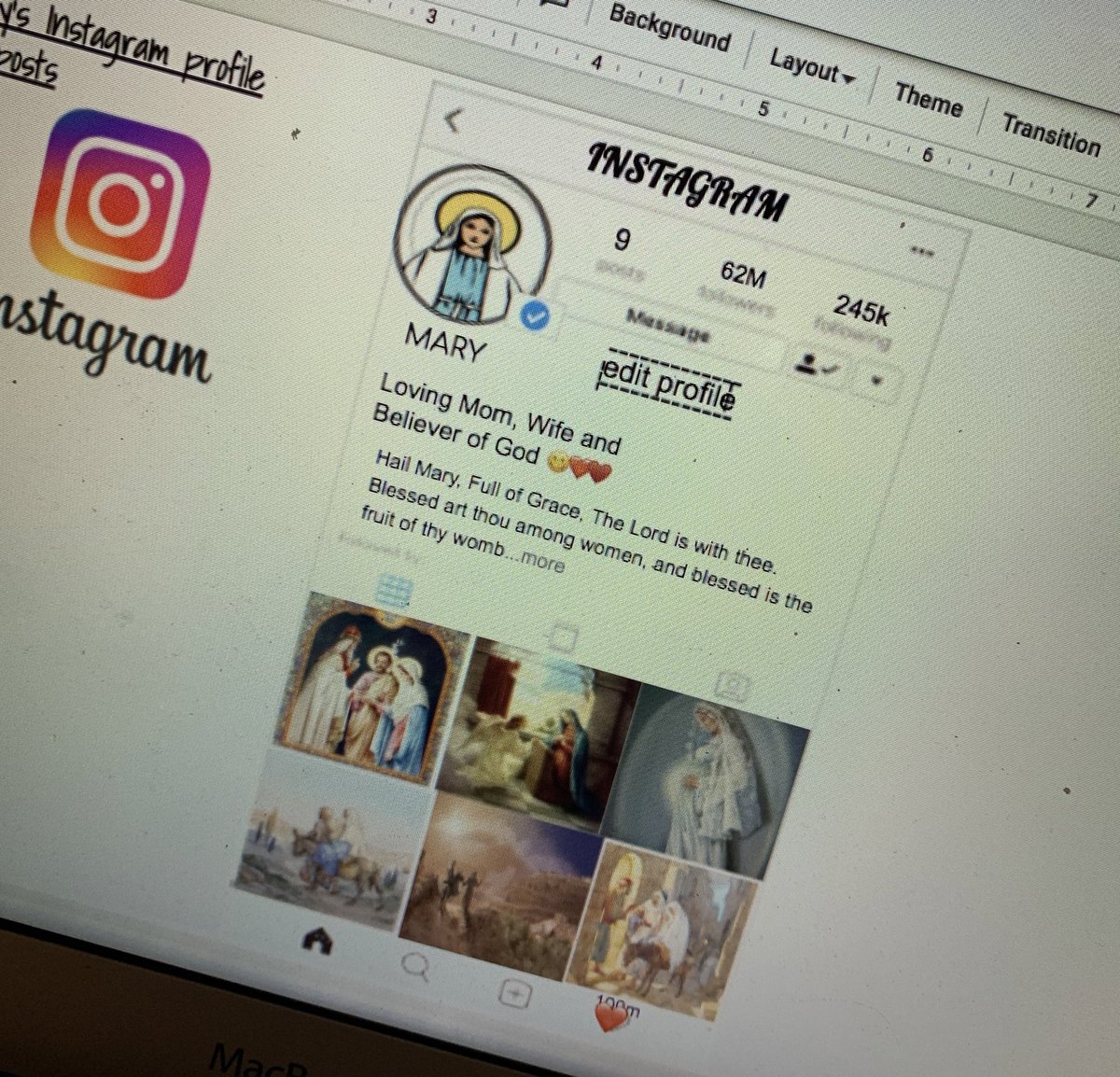 Mrs_Pastore's tweet photo. After reading &amp; discussing Luke 1:26-38 gr.7s took a modern day approach to Mary &amp; Joseph’s reactions, thoughts &amp; emotions from the time they were given the BIG news to the arrival of baby Jesus by designing their Instagram profiles! Here are just a few💫👶🏻🙏🏼 @StJoachimDPCDSB https://t.co/jcjtgYrN5V