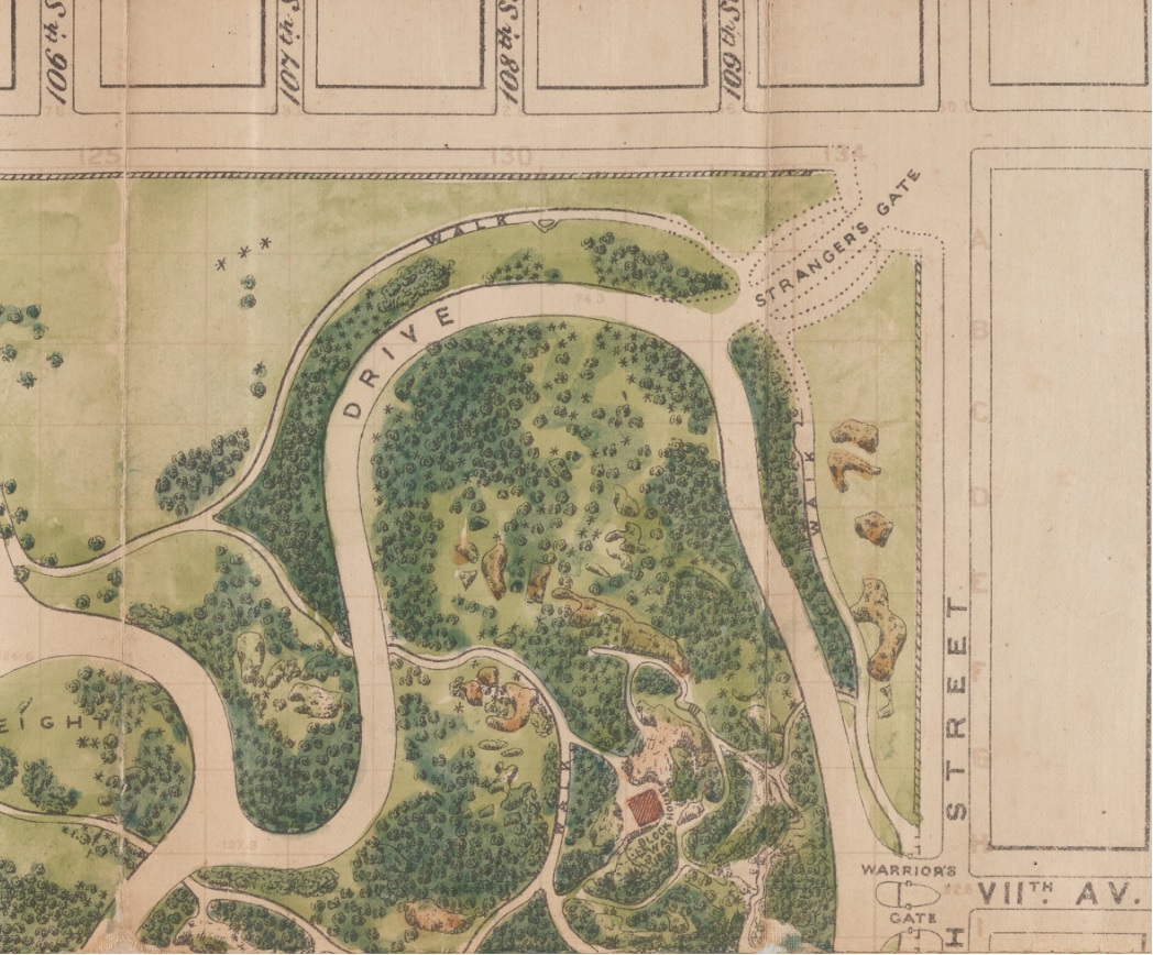 Yet this maybe-1873 map via  @nyplmaps clearly shows the Strangers’ Gate at the northwest corner of Central Park (110th Street and Eighth Avenue).  https://digitalcollections.nypl.org/items/4ee14540-3569-0134-fa82-00505686a51c