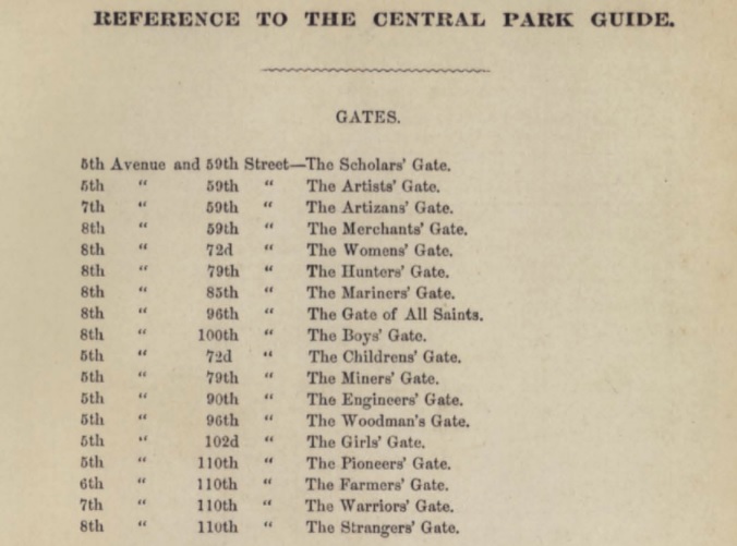Still, 1870’s authoritative “Reference to the Central Park Guide” (published by the Central Park Board of Commissioners and reprinted in Morrison Heckscher’s “Creating Central Park” from the Metropolitan Museum of Art in 2008) also listed the Strangers’ Gate at the NW corner.