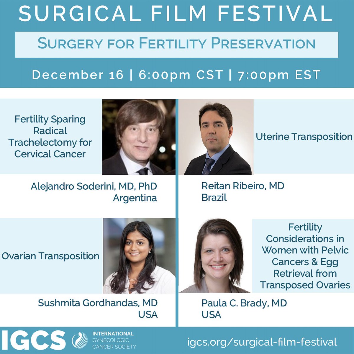 IGCSociety's tweet photo. Join us on Wednesday, December 16 @6pm CST for our #SurgicalFilmFestival on Surgery for Fertility Preservation. This film session will demonstrate novel techniques for preserving fertility in patients with gynecologic and pelvic cancers. #gyncan
Register: https://t.co/S0KIYiI5wf https://t.co/cDMg2f0Iqs