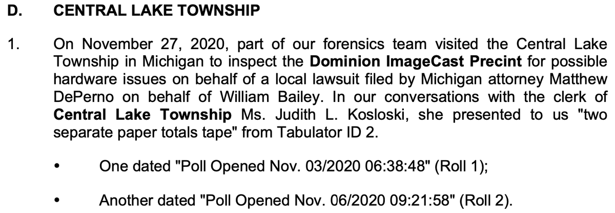 ASOG visited Central Lake township and reviewed the voter roles. They noticed differences between the tabulation on 11/3 and 11/6. This, again, is explained by voting config not being correct, but they just refuse to accept that I guess  https://www.freep.com/story/news/politics/elections/2020/11/06/antrim-county-vote-glitch-software-update/6194745002/