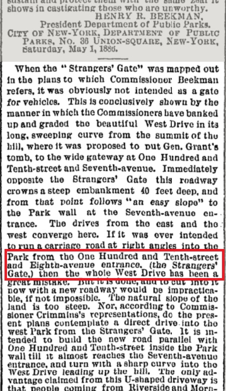 Thanks to a 1886 dispute about whether the NW corner entrance should be used for carriage traffic, we definitively know that in fact the corner was called the Strangers’ Gate after the park was finished.  https://timesmachine.nytimes.com/timesmachine/1886/05/03/103106128.html?pageNumber=5