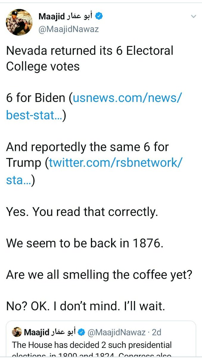 Wow! Maajid Nawaz has responded to President elect Joe Biden securing > 300 Electoral College votes (270 to win) with news from his parallel alternative reality, claiming we are "back in 1876" with a *deadlocked* Electoral College. But none of the rest of us can smell the coffee!