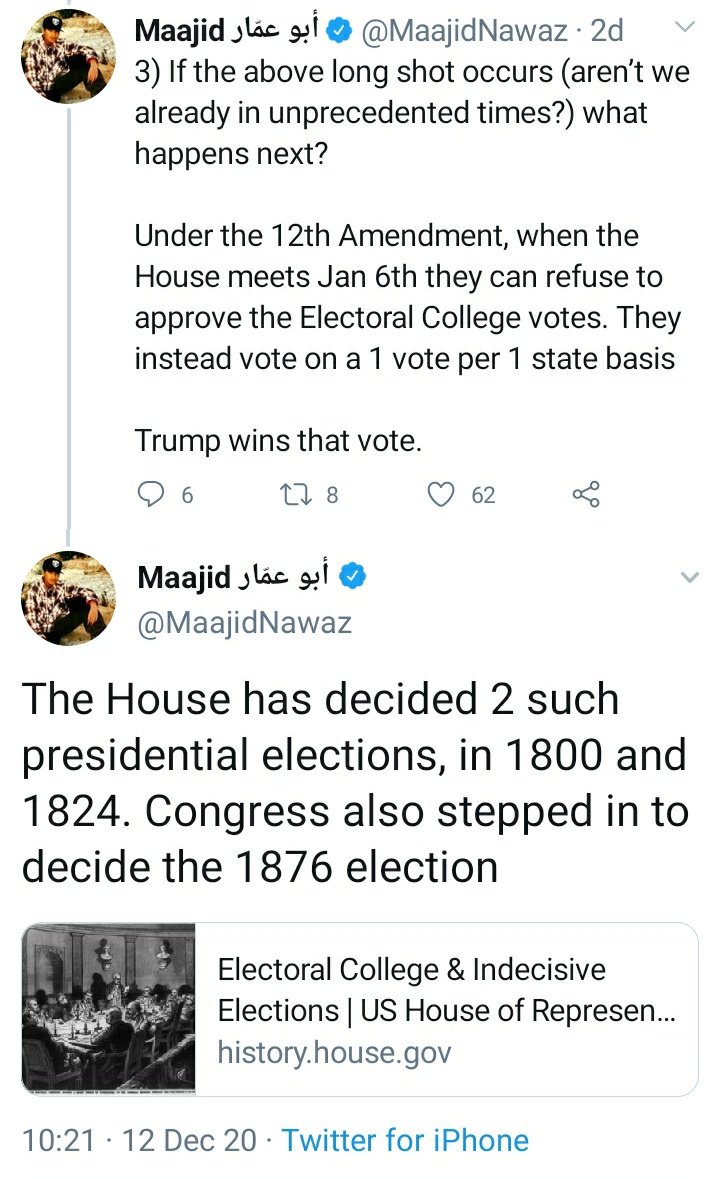 Wow! Maajid Nawaz has responded to President elect Joe Biden securing > 300 Electoral College votes (270 to win) with news from his parallel alternative reality, claiming we are "back in 1876" with a *deadlocked* Electoral College. But none of the rest of us can smell the coffee!