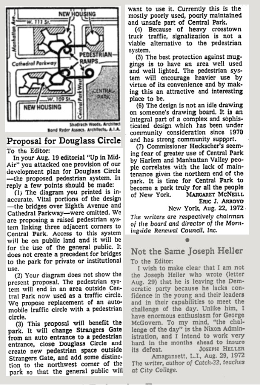 Might the Strangers’ Gate have been relocated in 1950 when the circle was renamed for Douglass? NO! A 1972 article about pedestrian improvements to the circle clearly refers to the adjacent Strangers’ Gate.  https://timesmachine.nytimes.com/timesmachine/1972/08/31/81957174.html?pageNumber=32