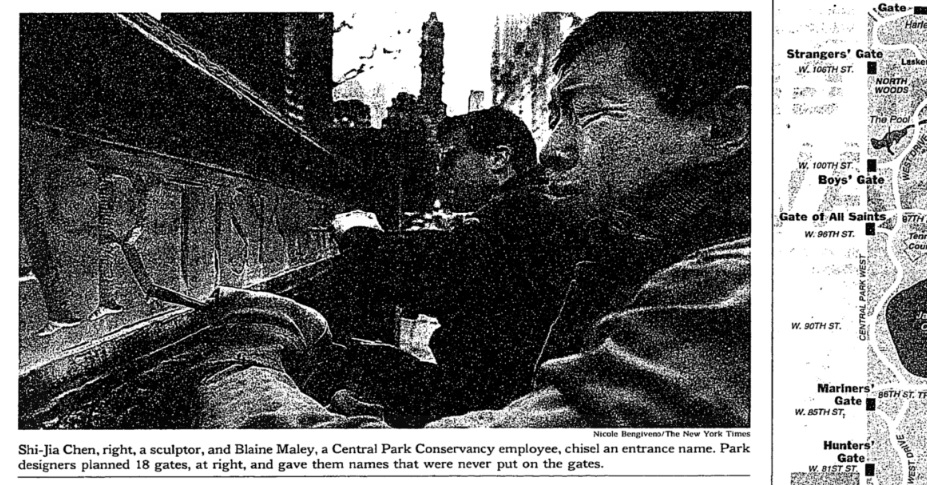 Finally, in 1999, Henry Stern’s Parks Department unveils its plan to chisel the original 19th century names for Central Park’s gates into the stone walls at each entrance. The map shows the Strangers' Gate at 106th Street!  https://www.nytimes.com/1999/12/03/nyregion/central-park-entrances-in-a-return-to-the-past.html