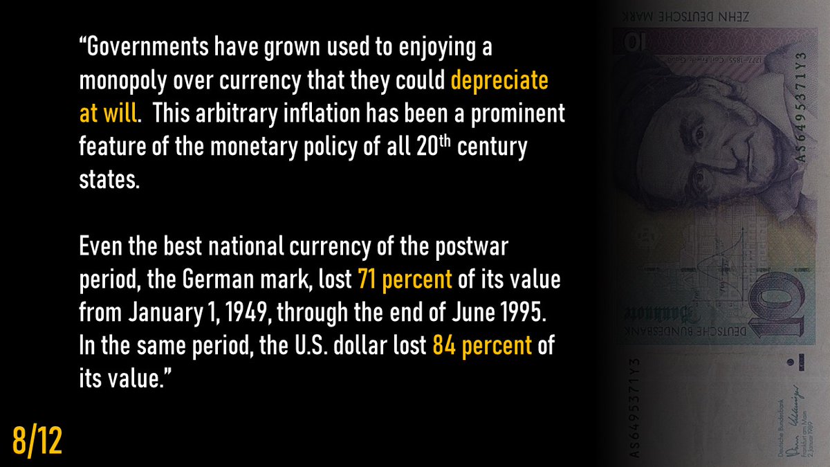 8/ This poses a further challenge for governments given that inflation of national currencies serves as a major source of their revenue.The invention of cybercash will allow any individual or firm to easily shift out of any fiat currency that appears in danger of depreciation.