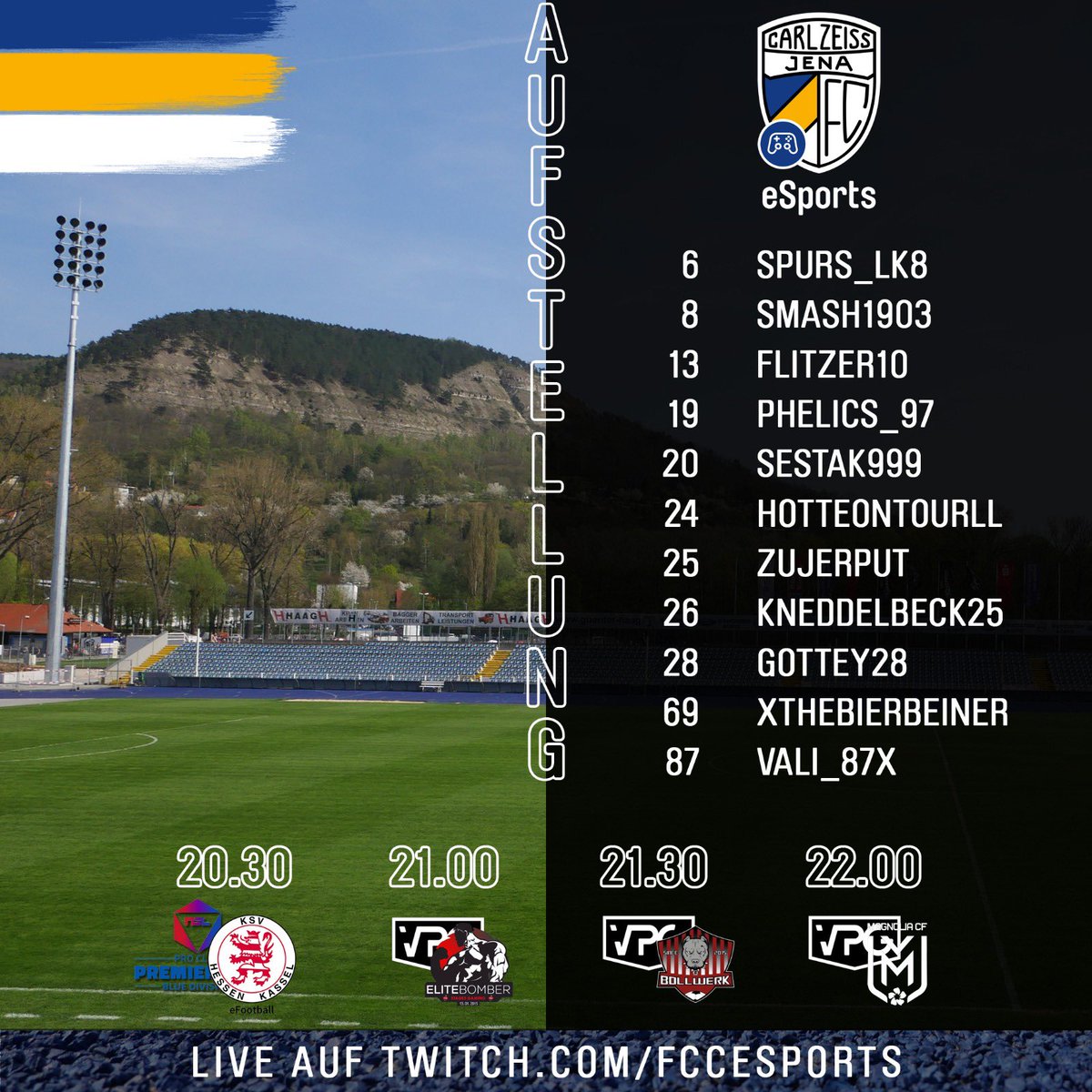 fccesports's tweet photo. Die Aufstellung ist da!

20.30 Uhr NGL Premiership vs. @HessenKsv 
21.00 Uhr VPG Germany vs. S5 Elite Bomber
21.30 Uhr VPG Germany vs. Bollwerk - FIFA Pro Club
22.00 Uhr VPG Germany vs. Magnolia CF

https://t.co/ndnjoKe3ZZ 

#fccesports #fcc #MehrAlsFussball https://t.co/TvyeFXPXHP