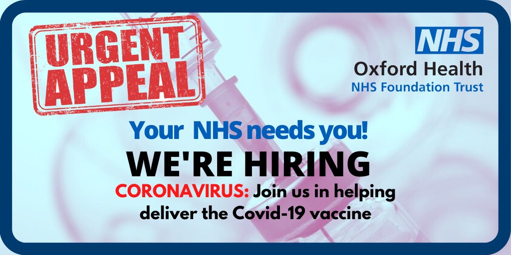 Oxford Health NHS FT (@oxfordhealthnhs) on Twitter photo Could you help the #NHS in Oxon, Bucks & Berks W deliver the NHS Covid-19 vaccination roll out. Variety of roles available - admins, volunteers & health care professionals - to build a flexible workforce. More here bit.ly/3qTbo2h
<a href="/OHFTCareers/">Oxford Health Careers 💙</a> #BOBICS Could you help the #NHS in Oxon, Bucks & Berks W deliver the NHS Covid-19 vaccination roll out. Variety of roles available - admins, volunteers & health care professionals - to build a flexible workforce. More here bit.ly/3qTbo2h
<a href="/OHFTCareers/">Oxford Health Careers 💙</a> #BOBICS