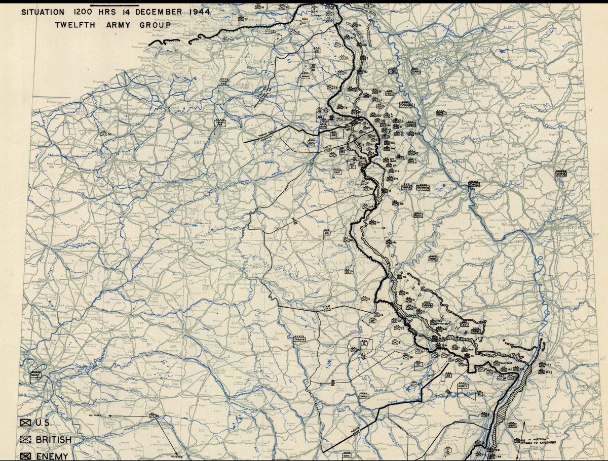 14th December 1944Wacht am Rhein -2 daysThe US Twelfth Army Group situation map has 352 Volksgrenadier Division in Bitburg, 30kms from the Westwall & the Our River, a tributary of the Sauer on the German/Luxembourg border.The weather is chilly & damp after heavy rain.1)