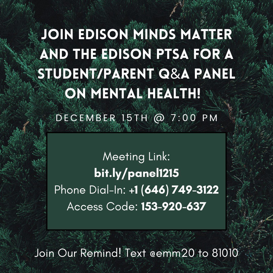 Join us for a collaboration with <a href="/ptsa_ehs/">Thomas A. Edison High School PTSA</a> ! On 12/15 at 7 pm, we’ll be having a parent/student Q&amp;A panel on mental health. We hope you can make it. Join our remind for more updates! #ehsmindsmatter