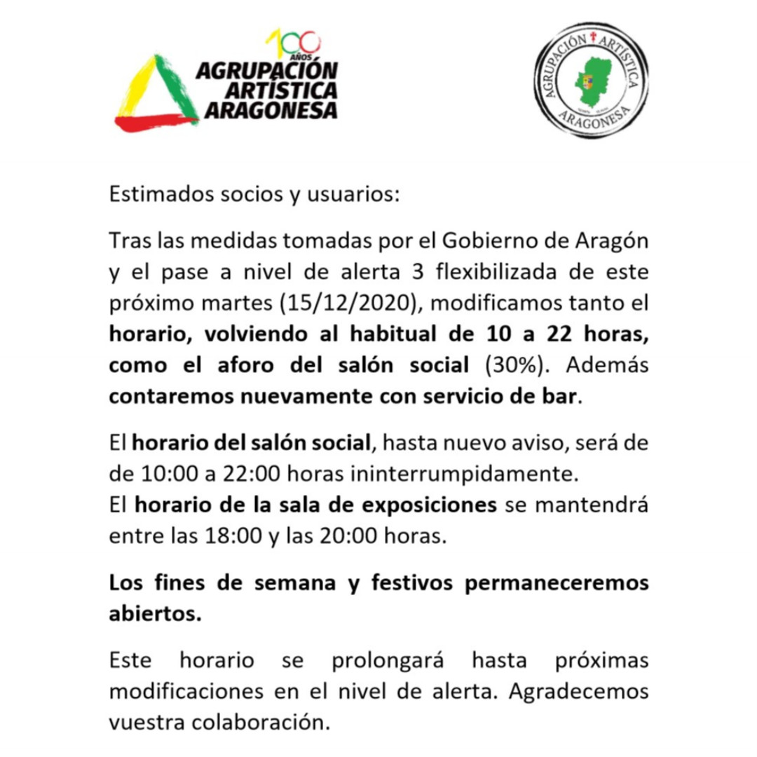AgrupArtistica's tweet photo. Desde este próximo martes (15/12/2020),  volvemos al horario habitual del salón social de 10 a 22 horas de lunes a domingo,  recuperando el servicio de bar. La Sala de Exposiciones abrirá entre las 18:00 y las 20:00 horas, de lunes a viernes. https://t.co/7MG5nDqtIJ