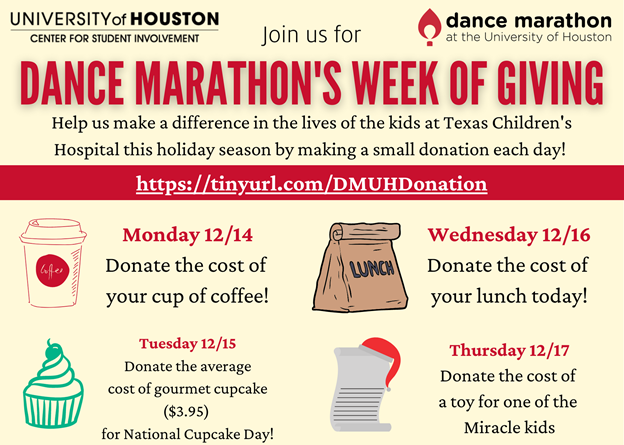UH_CSI's tweet photo. Today is the first day of Dance Marathon’s Week of Giving! Donate the cost of your Cup of coffee today! #DMUH https://t.co/tytDfzhk2L