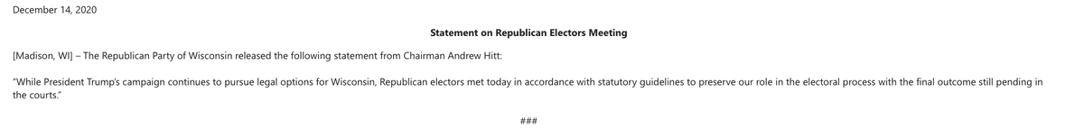 Republican electors met to cast a mock vote for Trump in Wisconsin as well, per the state GOP. The parties all say this is the method sought by the Trump campaign to prevent his legal challenges from being declared moot.