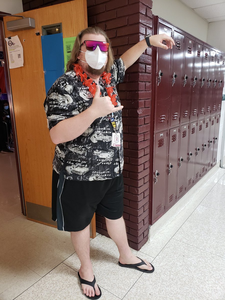 MesquiteHS's tweet photo. On the eighth day of our holiday countdown, our staff decided to lei out summer attire since many had to forgo summer vacations! #SummerWonderland #MHS12Days https://t.co/MK5JHWC7a0
