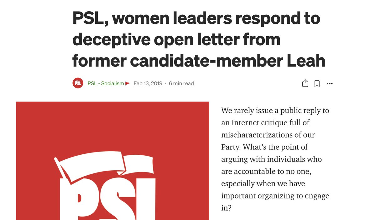 Slight correction: PSL's Medium account was used once before, to retaliate against a  #MeToo   survivor. They must've used Medium's unlisted posting feature because this story does not appear on their user page. https://archive.is/kUKfM  https://medium.com/@pslweb/psl-women-leaders-respond-to-deceptive-open-letter-from-former-candidate-member-leah-dc2d2e17261e https://twitter.com/fash_busters/status/1338538507334258688/