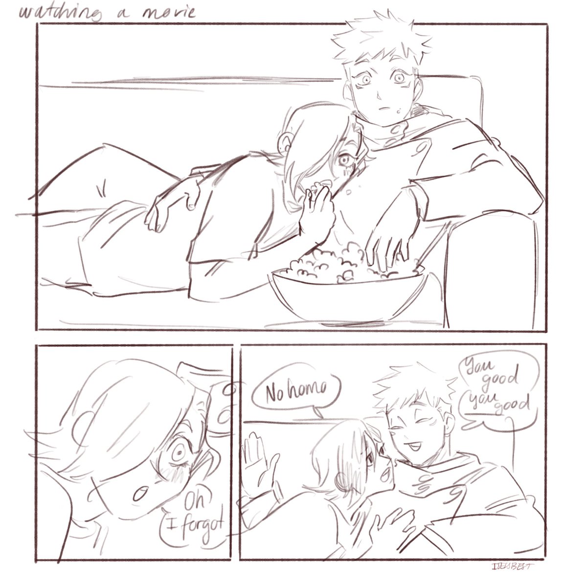 I just wanted to draw something cute with Yuji and Junpei before all the pain and suffering.... so have them watching the movie after dinner 