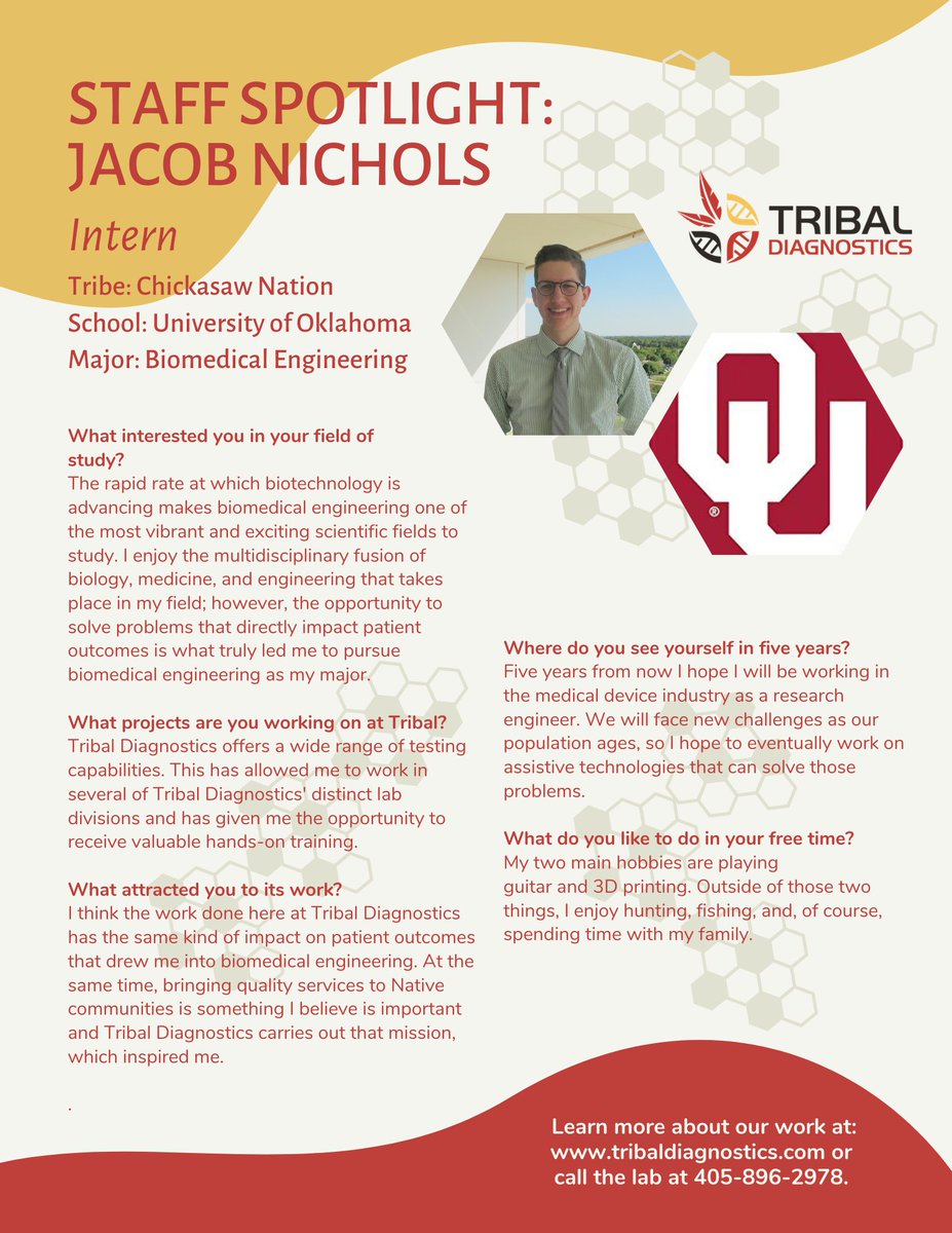 Meet our intern Jacob Nichols, a member of the #ChickasawNation &amp; #OU biomedical engineering student. For the next 1.5 years, Jacob is assisting in several labs at Tribal gaining hands-on experience as part of the Chickasaw Nation’s School-to-Work Program. #Nativeownedlab