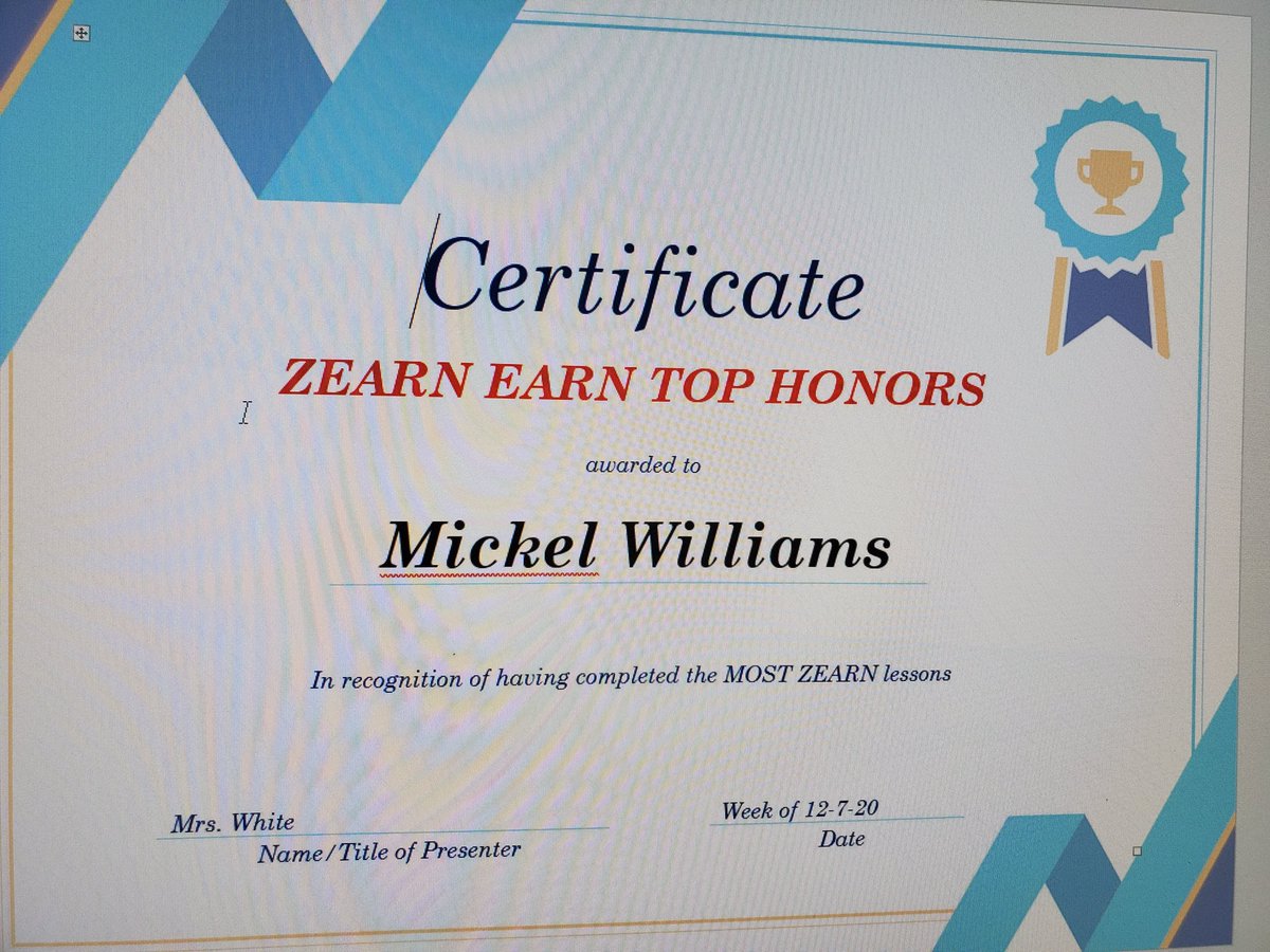 PWhite2Learn's tweet photo. CONGRATULATIONS to our ZEARN EARN top honors from the week of 12-7-20:
-(Gr7 HMRM competition) 
Mclean-MOST STUDENTS completing 4+ lessons
-(HMRM Highest)
Mickel W.-24 (Mclean)
Serena S.-9 (Khasnavis)
Sincere W.-9 (Bonet)
#BEtheChange #theseBeesareZEARNING https://t.co/2ZehjwMHFW