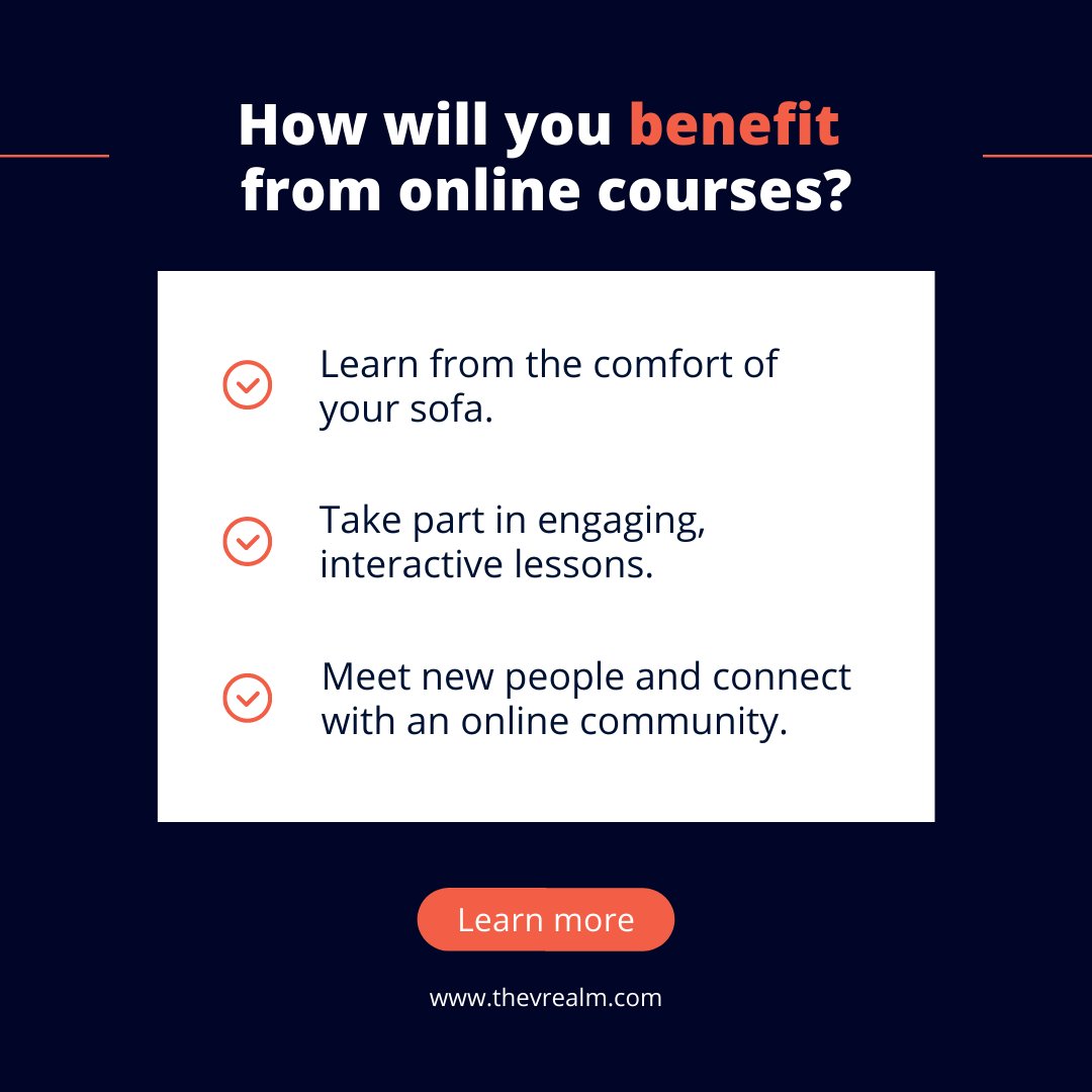 thevrealminc's tweet photo. There are many benefits to learning online. Here are just a few of them. Send us a message to learn more about the benefits of online courses. 

#vRealm #vRealmCourses https://t.co/TRVjQ19QZq