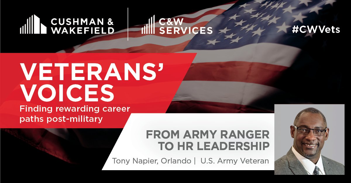 CushWakeUS's tweet photo. Coming out of the @USArmy, Tony Napier looked for a company that valued his years of military service. He found his voice within Human Resources at @CushWake – a company that not only values his service, but his unique individual contributions.  https://t.co/JB4G8NXgA4 #CWVets https://t.co/JdMUcajm6L