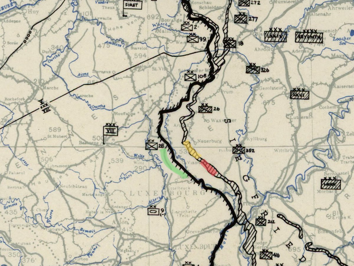 The US 28 Inf. Div., resting after losses in the bitter fighting of the Hürtgen forest, are in position on the high ground on the Luxembourg side of the river. They’re unaware 352VGD (Red) are already in their jump off positions on the Westwall with 5FJ Div. to their right.2)