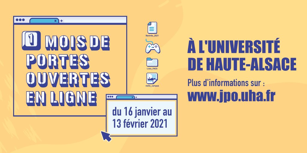 UHA68's tweet photo. Cette année les Portes Ouvertes de l'UHA se réinventent !
Un mois pour découvrir les formations et la vie universitaire du 16 janvier au 13 février.
Programme et informations : https://t.co/oVzKfSshbX https://t.co/HG61KfMxRn
