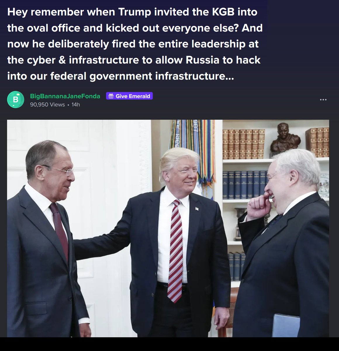 Fuzzy_Fuzzbutt's tweet photo. @realDonaldTrump @MariaBartiromo Why were you alone in the oval office with the KGB, and why did you sabotage US cyber intelligence just before a massive Russian hack?
Why have you not said anything about what your pal Putin has done? https://t.co/1dtbZB9FuX