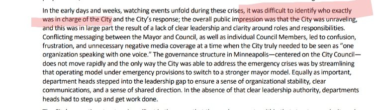 A few pages prior they describe how differently our police department operates from other city departments, with clear lines of authority to the mayor. Yet that clear authority failed to stop the city from burning. Mayor runs the disastrous department that kicked it all off.