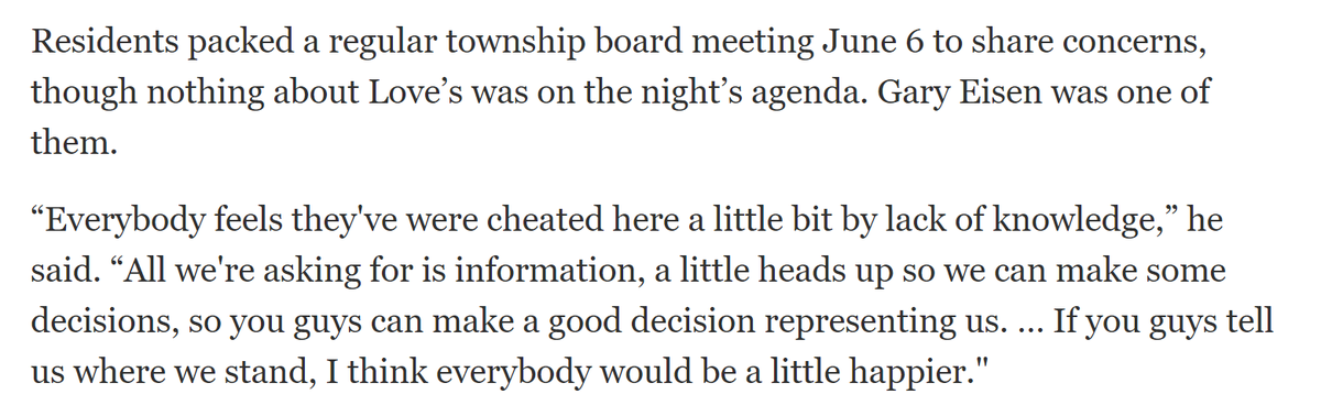 Eisen popped up at the township level when residents grew upset about a proposed (now operation) truck stop. In a way, you take this mentality, wanting to know more information — whether it's there or not — was prematurely thematic. https://www.thetimesherald.com/story/news/2016/06/12/twp-residents-upset-over-potential-travel-stop/85675974/