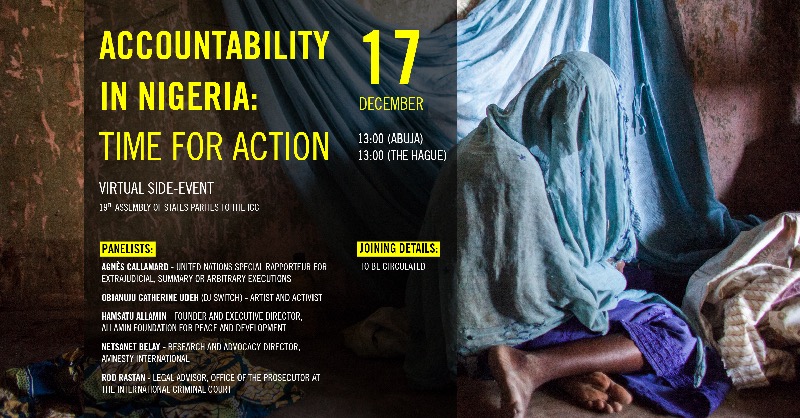 It's time to end impunity in #Nigeria. Join us live this Thursday at 1PM UTC to discuss how to ensure that justice is served. We'll host among other panelists @Djswitchaholic, @AgnesCallamard, Hamsatu Allamin, an activist from the Northeast and Rod Rastan from the @IntlCrimCourt.