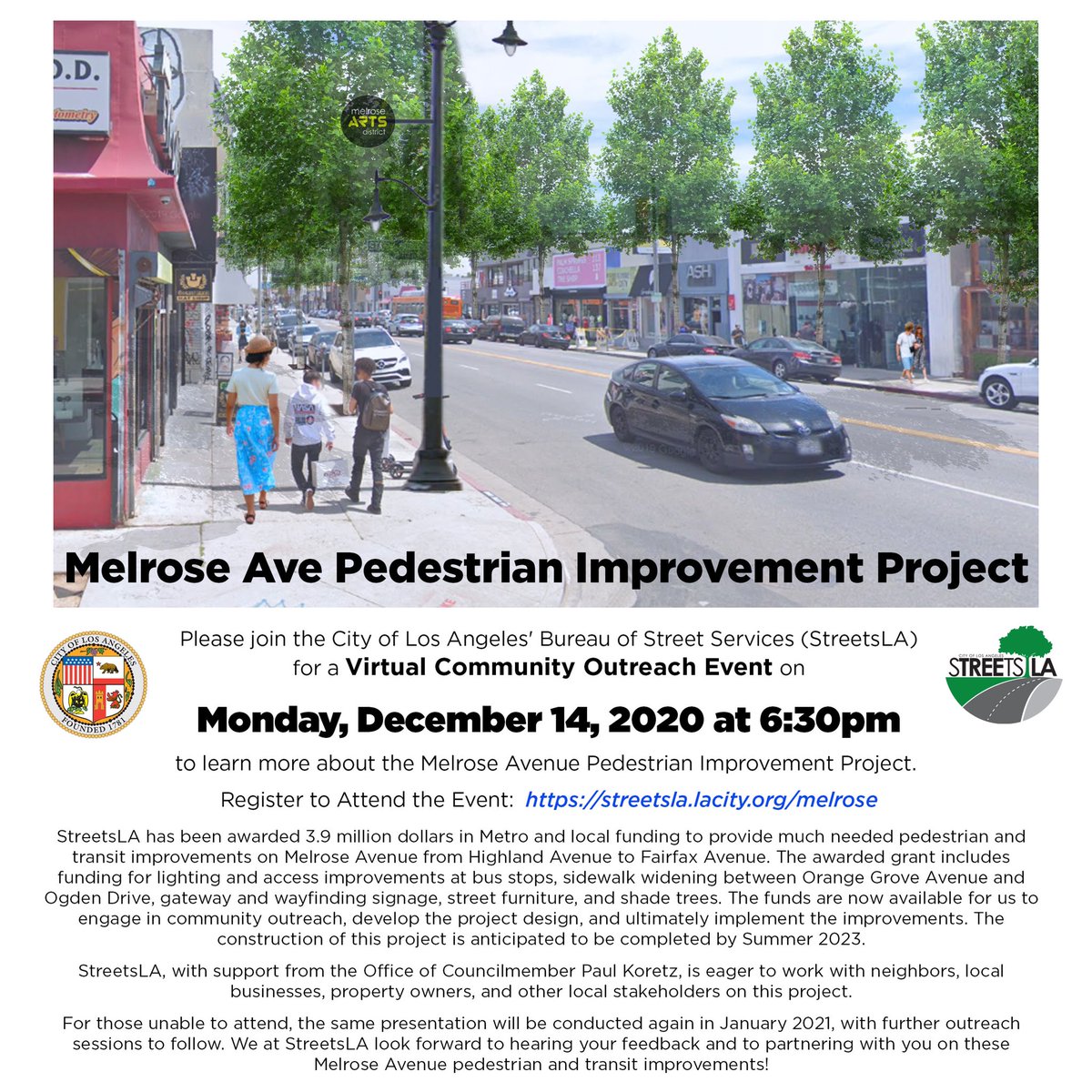 StreetsLA (@bsslosangeles) on Twitter photo Please join us TONIGHT for aĀ Virtual Community Outreach Event. Monday, December 14, 2020 at 6:30pm,Ā to learn more about theĀ Melrose Avenue Pedestrian ImprovementĀ Project.Ā
Register to Attend the Event:Ā streetsla.lacity.org/melrose @GMsTREEtsLA1H2O <a href="/LACityDPW/">LA City Public Works</a> #cd5 <a href="/PaulKoretzCD5/">Paul Koretz</a> Please join us TONIGHT for aĀ Virtual Community Outreach Event. Monday, December 14, 2020 at 6:30pm,Ā to learn more about theĀ Melrose Avenue Pedestrian ImprovementĀ Project.Ā
Register to Attend the Event:Ā streetsla.lacity.org/melrose @GMsTREEtsLA1H2O <a href="/LACityDPW/">LA City Public Works</a> #cd5 <a href="/PaulKoretzCD5/">Paul Koretz</a>