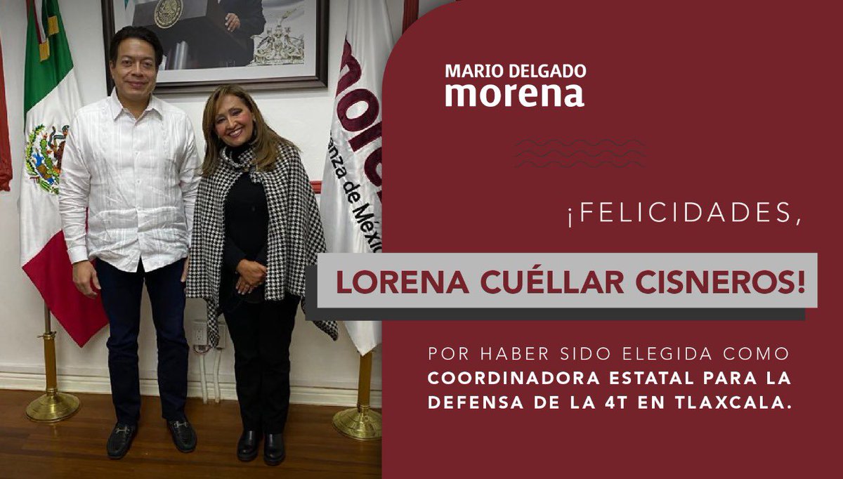 mario_delgado's tweet photo. ¡Otra mujer gana en las encuestas de #Morena! @LorenaCuellar tiene una larga trayectoria en la izquierda, ha trabajado por su estado y por llevar los programas de bienestar a la gente. Ahora es nuestra coordinadora estatal para la #DefensaDeLa4T en #Tlaxcala ¡Felicidades! https://t.co/3m6I2Em89b