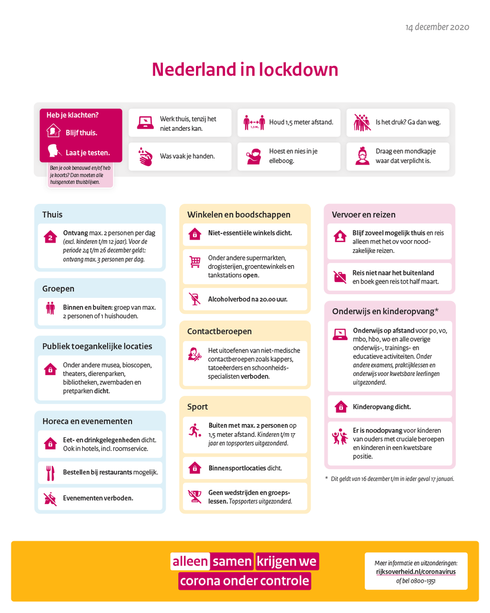 Het coronavirus verspreidt zich razendsnel. Om de zorg toegankelijk te houden, moeten we onze contacten tot een minimum beperken. Van 15 december t/m in ieder geval 19 januari geldt de strengste lockdown tot nu toe.
 
Meer informatie ⤵️
 
rijksoverheid.nl/actueel/nieuws…
 
#AlleenSamen