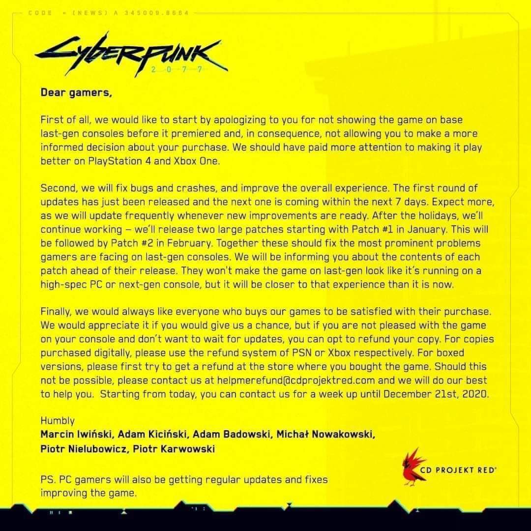 Presstart2play's tweet photo. #Cyberpunk2077 #CDProjektRed will continue to update the game but if you’re not happy you can contact them to potentially get a refund for the game you purchased. https://t.co/l5mIIpDKxs