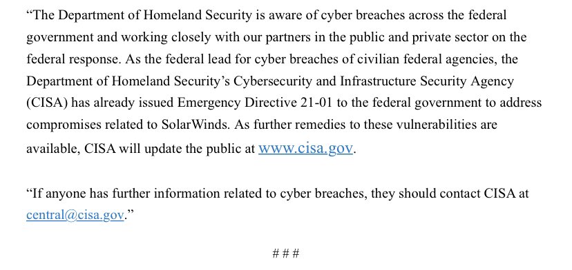 Statement by DHS Assistant Secretary for Public Affairs Alexei Woltornist on Federal Government Cyber Breaches: dhs.gov/news/2020/12/1…