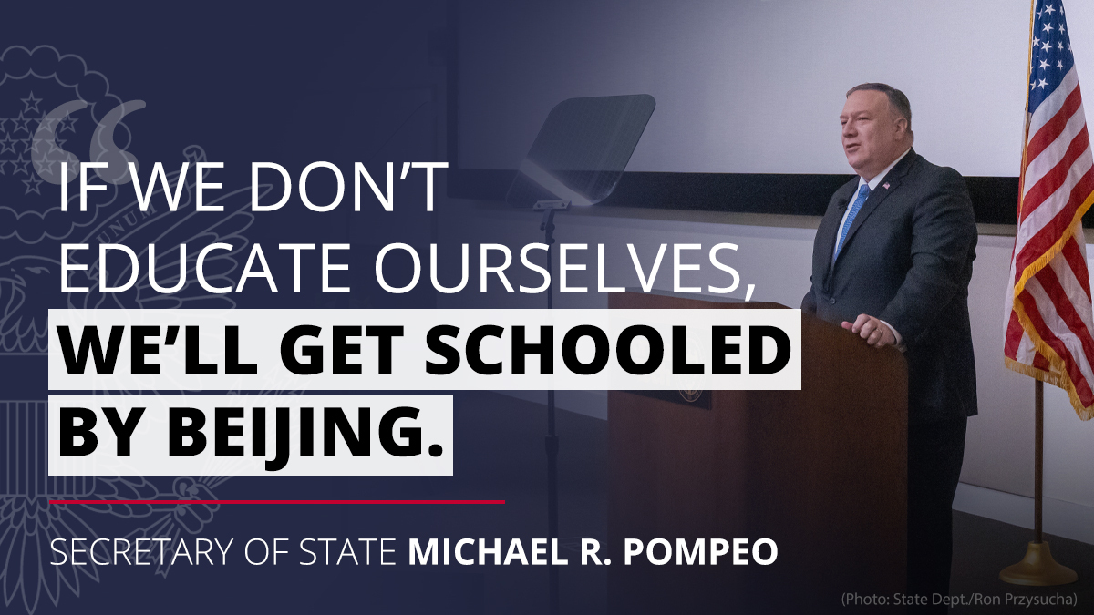 SecPompeo's tweet photo. Protecting American universities from the CCP’s malign influence is essential to academic freedom. We exposed Confucius Institutes for what they really are: hubs for disinformation and propaganda arms of the CCP. They are being closed fast across America. #NotTiredofWinning https://t.co/1pdOjn8nia