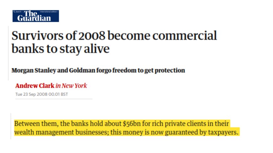 15/ “In the United States in 2008, banks were given access to borrow federal funds at a 0 percent interest rate. Some non-banks at the time, like Morgan Stanley and Goldman Sachs, changed their charters to become banks to get access to the free money.”