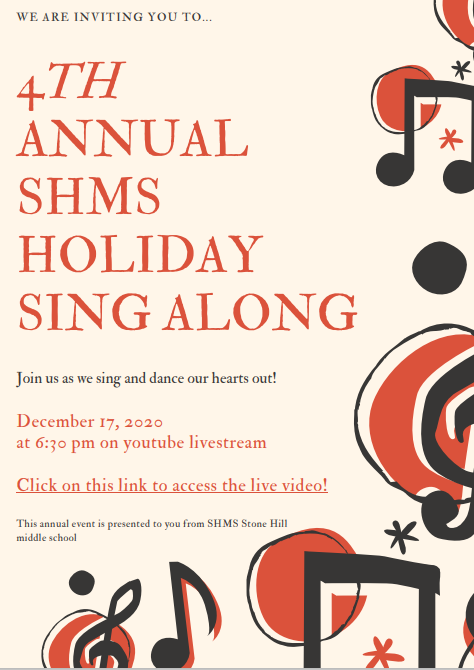 Coming to you virtually to enjoy in the comfort of your home! Grab a blanket, hot chocolate, and join us for the virtual sing-along with your family on December 17th at 6:30 pm. <a href="/kanneclark/">Kathryn Clark</a> <a href="/StoneHillMiddle/">Stone Hill Middle</a> @MrsMillsSHM @ShenaIBlcps <a href="/EdChiLCPS/">Ed Chi</a> <a href="/Royster_SHMS/">Jaclyn Royster</a> <a href="/Garey_lcps/">David Garey</a> <a href="/SHMSPBIS/">Stone Hill PBIS</a>