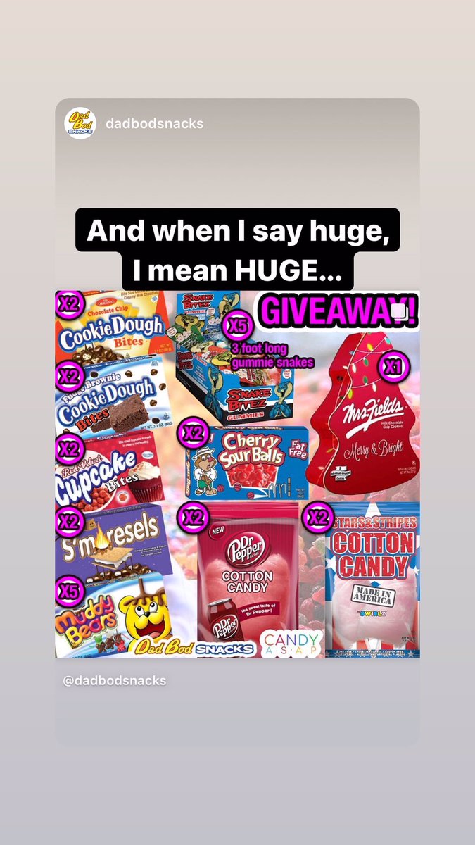candyasap_'s tweet photo. We have GIVEAWAYS for the Holidays! Check out dadbodsnacks on Instagram to claim yours! #candyasap #cookiedoughbites #drpeppercottoncandy #muddybears #chocolatecoatedgummibears #stars&amp;stripescottoncandy #mrsfields #Deals #sale #gifts #christmas #chocolate #candy #love #family https://t.co/kEIlHxtPTQ