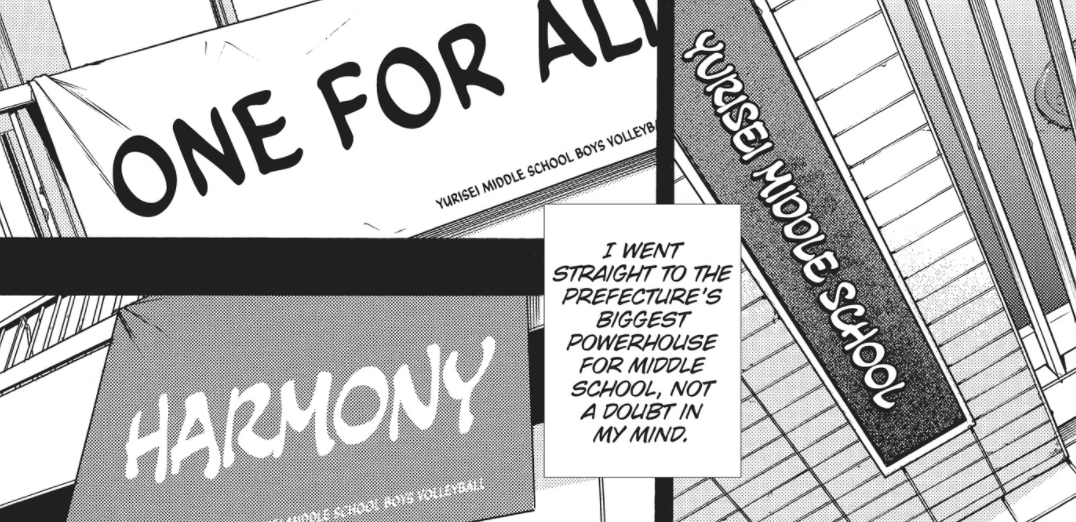 Hirugami follows the natural progression of his life as a child- go to a powerhouse school, fight for a place on the starting lineup. I thought the banners were interesting 'harmony', 'one for all'. Emphasizing teamwork and togetherness; setting the stage for his alienation