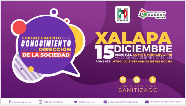 CM_PRIXalapa's tweet photo. Te invitamos a que nos acompañes a la conferencia "Fortalecimiento en el conocimiento de la dirección de la sociedad" impartida por el Maestro Luis Fernando Reyes Rocha. La cita es mañana 15 de diciembre en la sede del Comité Municipal del PRI, a las 6 p.m.

#SomosPRI https://t.co/Lx7pElyJ5Y