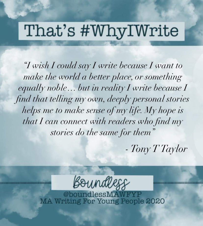 MAWFYPAnthology's tweet photo. The final introduction of our Boundless Bunch is Tony T Taylor! #AuthorIntroductions
Find him on Twitter: @TonyTTaylor4
Tony has written a brilliantly gripping YA sci-fi story that you’ll be able to read soon. First, here’s how he answered our question... #WhyIWrite https://t.co/Z5hVeMVFdO