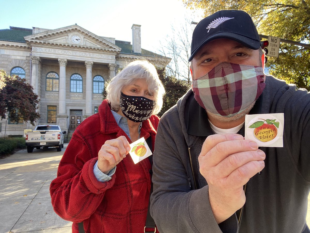 TVGuyGrayson's tweet photo. Just a couple of #Georgia voters! It’s mom’s first peach! #voteonemoretime #vote #GeorgiaEarlyVoting https://t.co/HFdQzNsmV8