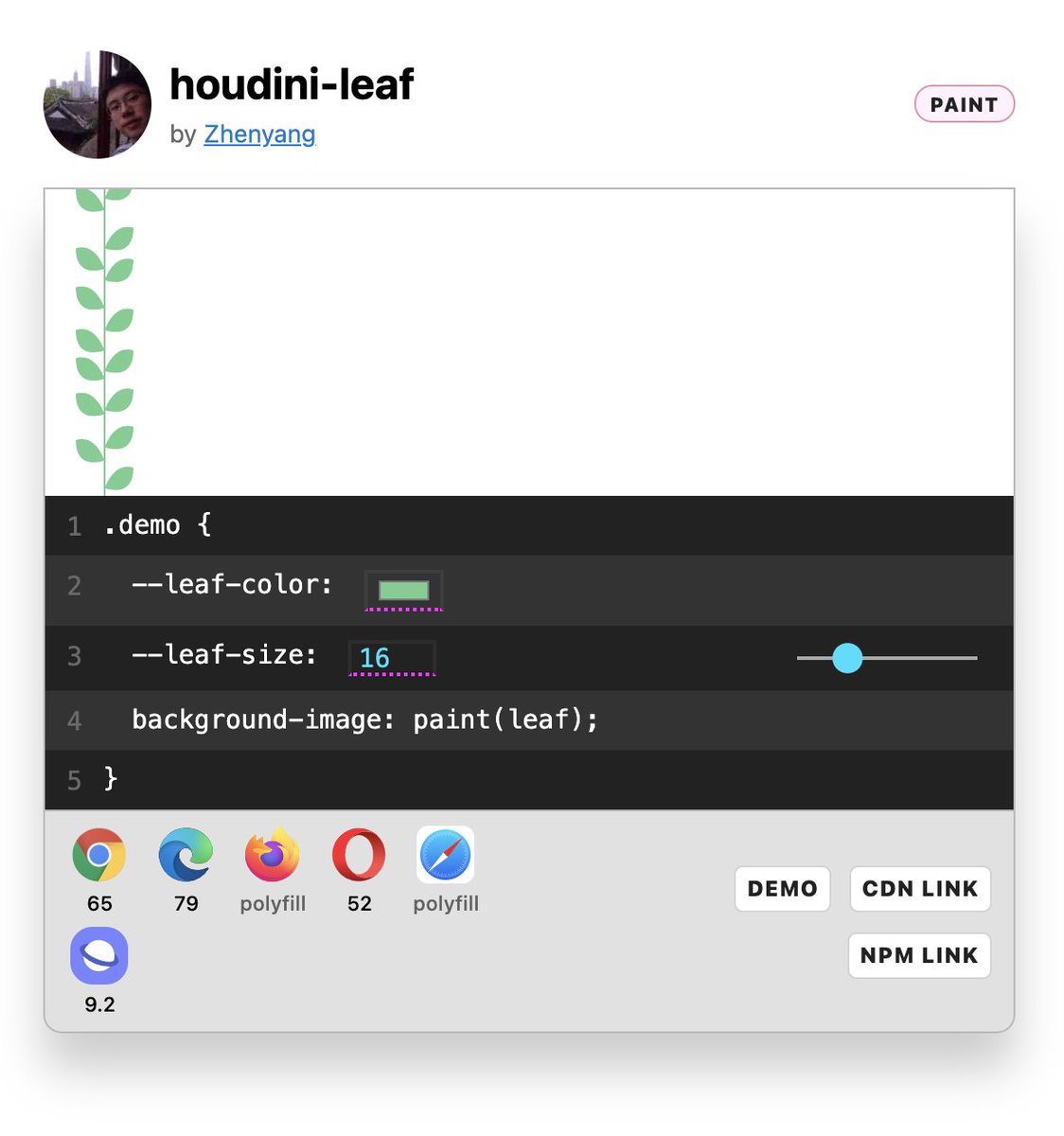 csshoudini's tweet photo. New Paint Worklet on https://t.co/0NeXCyTGjB 😊
houdini-leaf by @zhenyanghua
#css #cssHoudini #cssPaint #worklet https://t.co/KwuvBvXX5Y