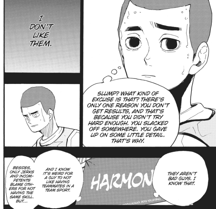 Hirugami is so absorbed in this state that he doesn't feel connected to his teammates as all, perceiving them as hindrances even though he knows it's wrong, not even knowing Hoshiumi's name, self-blame, and fear of letting people out-do him. He's alone. He only blames himself