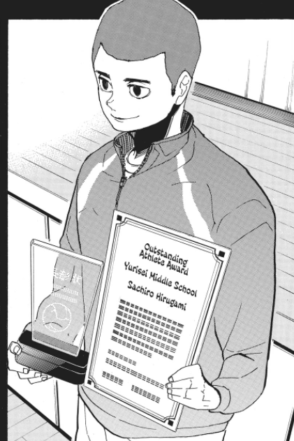 For a bit, it seems like Hirugami's efforts paid off. His team makes it to Nationals, he's the ace of his middle school team, and wins the Outstanding Athlete Award. Hirugami is an amazingly talented athlete-- in middle school, high school (even winning Nationals), he could do it