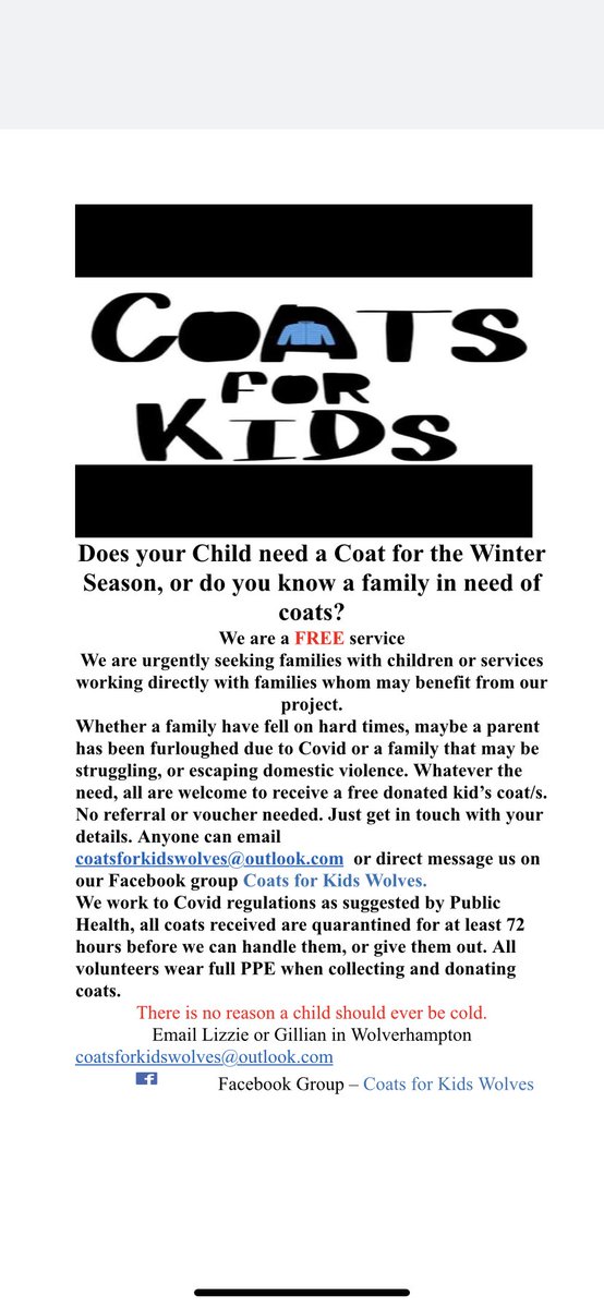 Welcome to the new Coats for Kids Wolves Twitter account. We are a local project offering Free Winter coats for families currently in need. Please share this tweet or get in touch for more information . <a href="/WolvesCouncil/">Wolves Council</a>