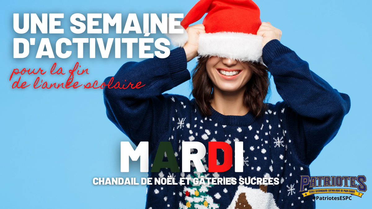 ESCPainCourt's tweet photo. J'espère que vous avez aimé activités d'aujourd'hui!
Préparez-vous pour demain. En entrant dans vos classes, vous trouverez une surprise sucrée. Aussi nous vous invitons à porter vos chandails de Noël ! Veuillez porter votre pantalon d'uniforme scolaire. 
À demain!
#PatriotesESPC https://t.co/ZVDJSlGerU