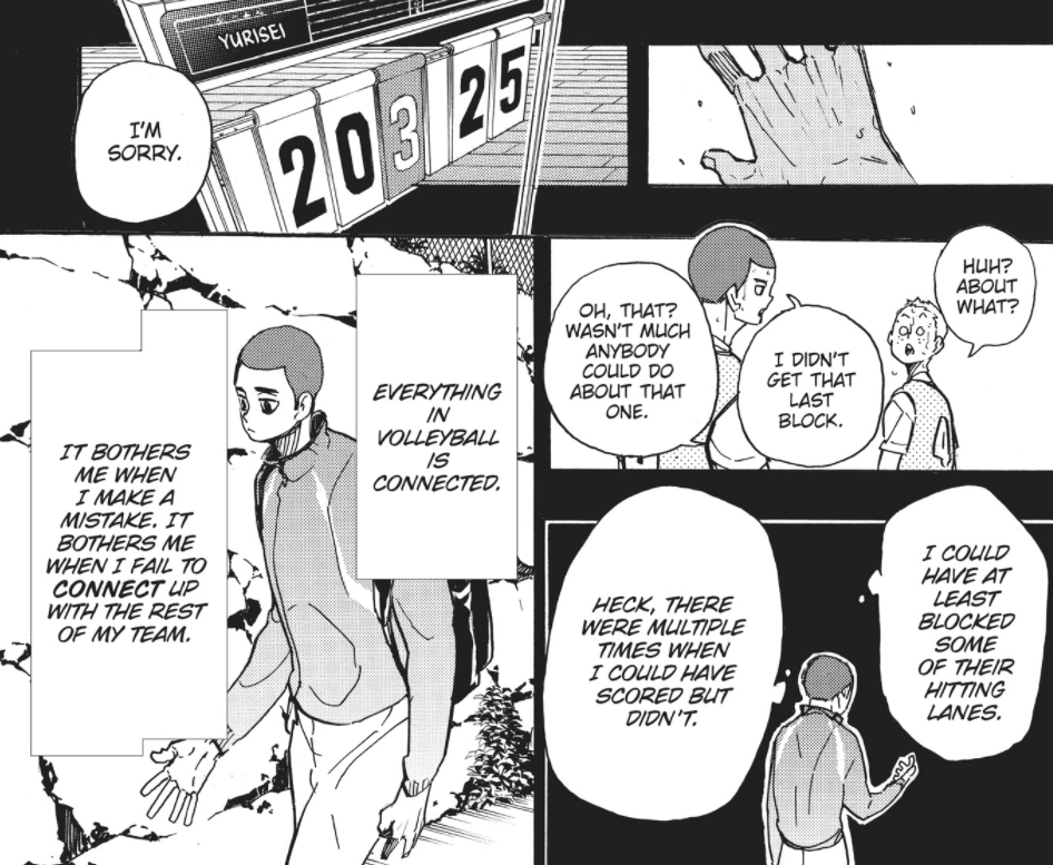 Hirugami blames himself for losing a practice match. Specifically his inability to "connect to teammates". His thinking is muddled, his eyes are black with no light, there's a panel o him staring at his hand against a black background, like the darkness is closing in on him